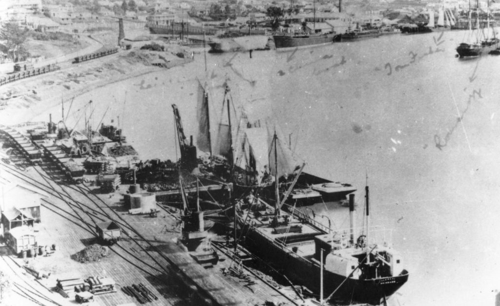 Aerial view of ships docked at the South Brisbane Coal Wharves ca. 1889. (Queensland University of Technology)